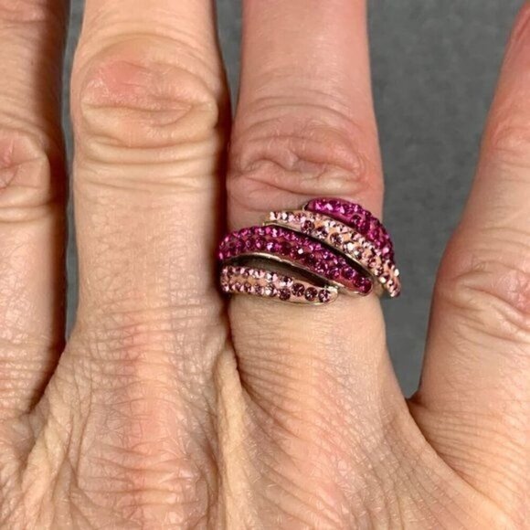 Vintage Gold Plated Sterling Silver & Crystal Cocktail Ring-Pink Stones/Silver - Picture 10 of 11